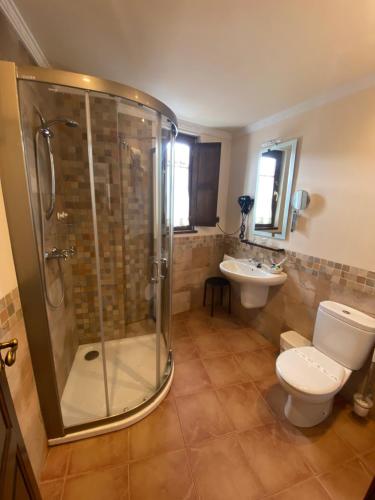 a bathroom with a shower and a toilet and a sink at Hotel rural Monasterio de Ara Mada in Santa Colomba de las Arrimadas
