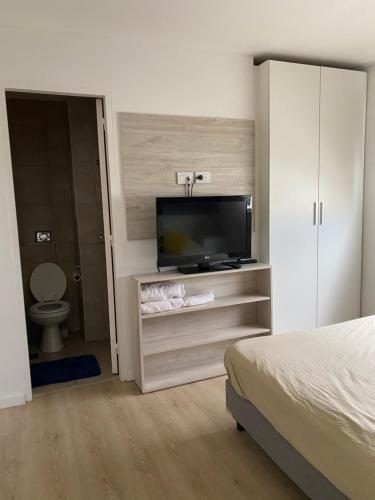 1 dormitorio con TV de pantalla plana y 1 cama en Departamento Alvear en Paraná