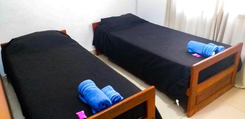 een slaapkamer met 2 bedden en blauwe kussens bij Hermoso departamento con entrada independiente! in La Rioja