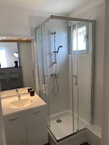 une salle de bain avec douche et lavabo dans l'établissement Happy Place, à Lacanau