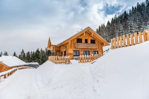 a log cabin in the snow with a fence at Poolchalet Dachsteinblick in Pruggern