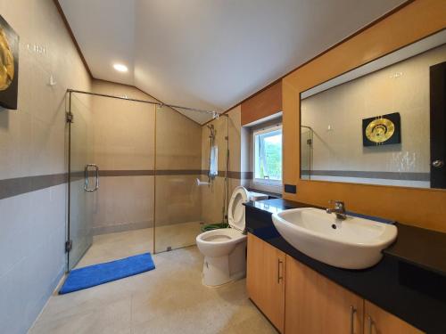 uma casa de banho com um lavatório, um WC e um chuveiro em 芭提雅市中心4间卧室泳池别墅好莱坞Hollywood旁-19 em Pattaya Central