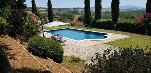 a swimming pool in a garden with an umbrella at Case in campagna con piscina a Todi in Todi