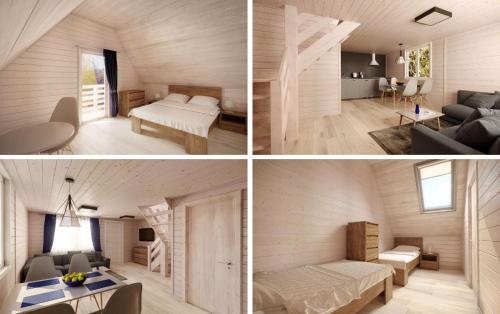 um pequeno apartamento no sótão com um quarto e uma sala de estar em Domki OLIVIA em Darlowko