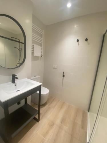 a bathroom with a sink and a mirror and a toilet at DONOSTIA ROOMS in San Sebastián