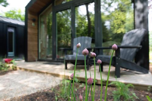 two chairs on a porch with flowers in the foreground at Boetiekpark 't Zwaantje in Mook