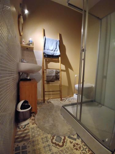 een badkamer met een douche, een wastafel en een spiegel bij Charmante chambre dans village jurassien 
