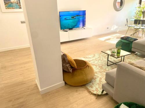 salon z kanapą i telewizorem w obiekcie Barcelona Chic Apartments- Free Parking-10 min by metro from BCN Center w Barcelonie