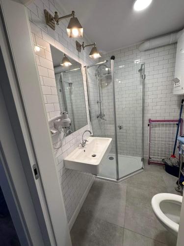 a bathroom with a sink and a shower at Apartament Albatros in Darlowko