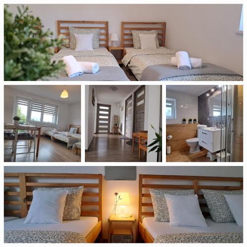 two pictures of a bedroom and a living room with two beds at Pokoje i Apartamenty na Szkolnej in Zator