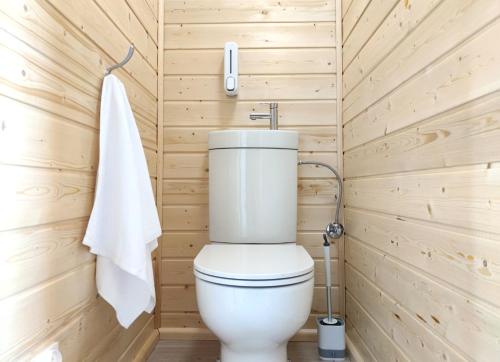 a bathroom with a toilet in a wooden wall at Skrawek Raju Sarbinowo in Sarbinowo