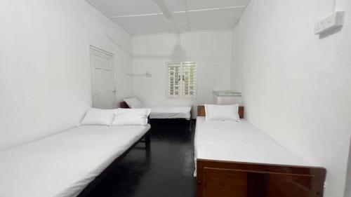 ニラヴェリにあるCoconut Leaf Shadow Guestの白い壁のドミトリールーム ベッド3台