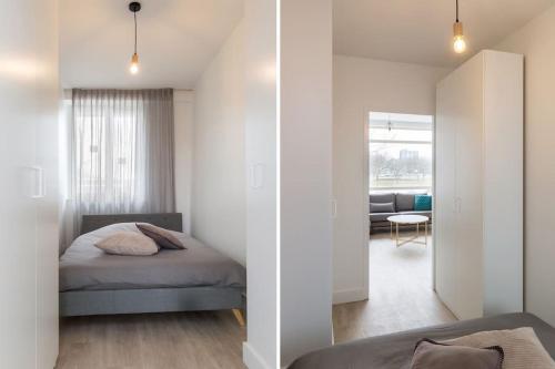 1 dormitorio con 1 cama y sala de estar en K50165 Modern apartment near the center and free parking en Eindhoven