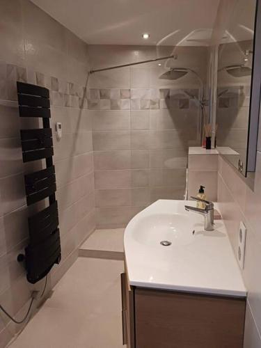 une salle de bain blanche avec un lavabo et une douche dans l'établissement Jonzac Centre Ville - Private Home near Chateau, à Jonzac