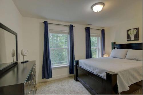 a bedroom with a bed and a dresser and two windows at Lazy Bear-HotTub, Pet Friendly, Private home just 15 minutes to Asheville.. in Fairview