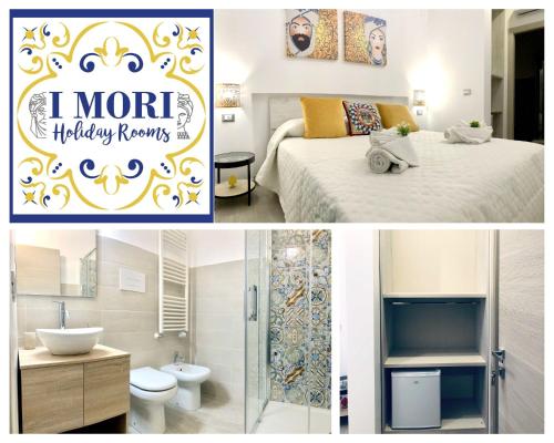 un collage de fotos de un dormitorio y un baño en I MORI - Holiday Rooms en Lascari