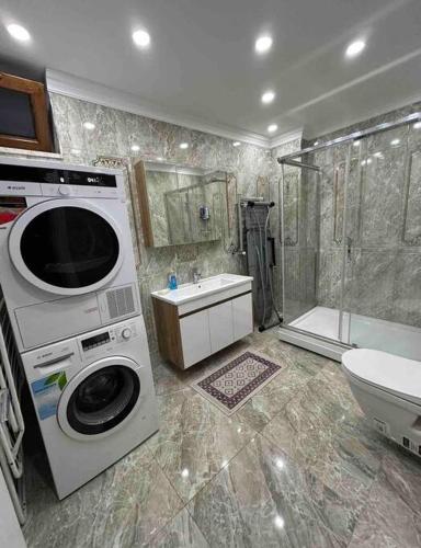 a bathroom with a washing machine and a shower at The Luxe Esenköy Villa in Yalova