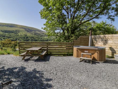 a picnic table and a grill next to a wooden fence at Moelfre - Shepherds Hut in Llanbedr
