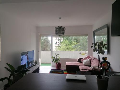ein Wohnzimmer mit einem rosa Sofa und einem großen Fenster in der Unterkunft Appartement des Cygnes in Annecy
