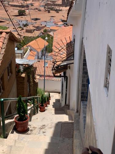 an alley with potted plants on the side of a building at Summit Viewpoint House San Blas in Cusco