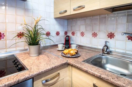 a kitchen counter with a sink and a plate of fruit at Haro Apartments in Haro