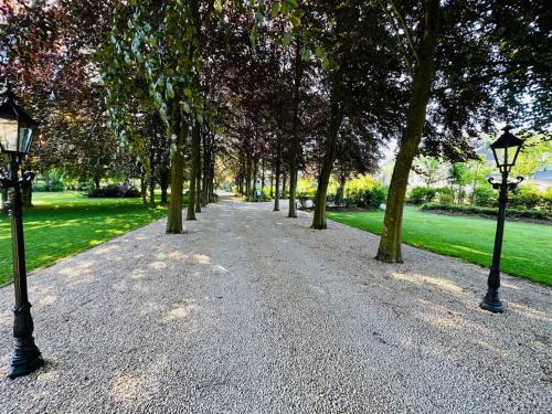a path in a park with trees and street lights at Jacuzzi - Sauna - BBq - Jardin - Garden Lodge - Myosotis in Olne