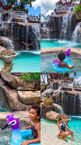 four pictures of a waterfall and a girl in a pool at Lara's Home Suites in Capitólio