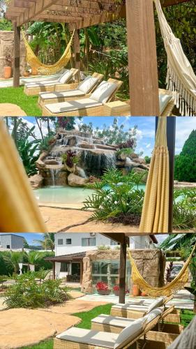 a collage of pictures of a resort with a hammock at Lara's Home Suites in Capitólio