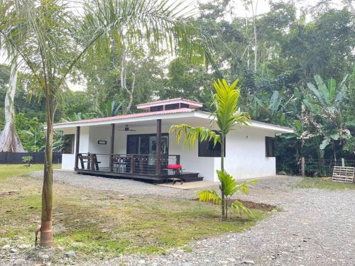 una casa blanca con una palmera delante de ella en Casa Moniá, Caribbean house 5 min from the beach, en Cahuita