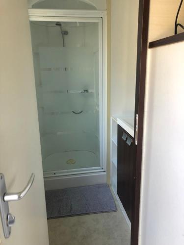 a bathroom with a shower with a glass door at Mobilhome 3 chambres in Bias