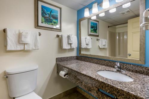 bagno con servizi igienici, lavandino e specchio di Tropical Winds Resort Hotel a Daytona Beach