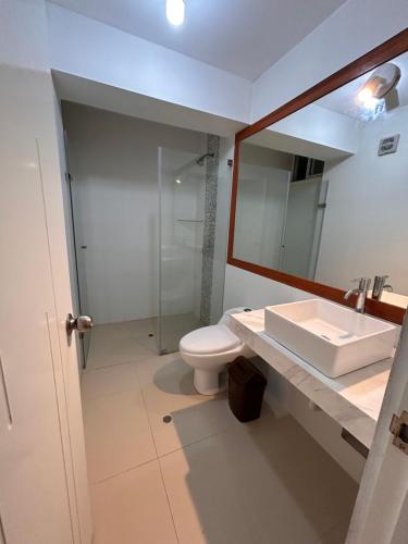 La salle de bains est pourvue d'un lavabo, de toilettes et d'un miroir. dans l'établissement Apartamento Sunset Beach, à San Bartolo
