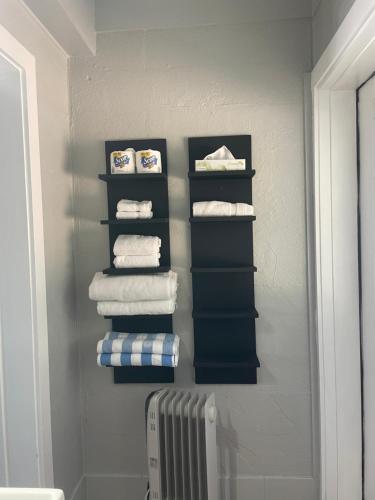 a towel rack with towels and a radiator in a bathroom at Blue Star Motel in Douglas