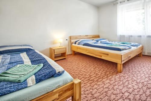 um quarto com 2 camas individuais e uma janela em Vila Ochutnej Pálavu - apartmán Riesling em Pavlov