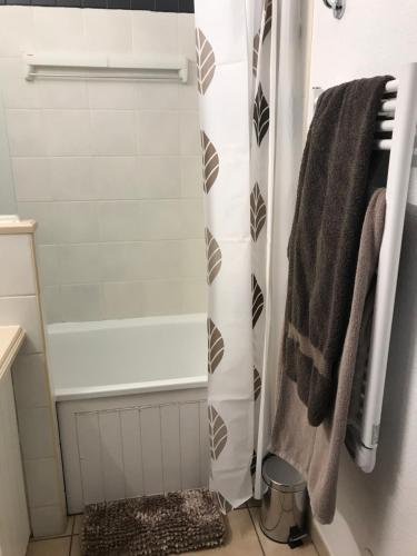 La salle de bains est pourvue d'un rideau de douche et d'une baignoire. dans l'établissement Cosy T2 front de mer piscine parking terrasse, à Lacanau-Océan