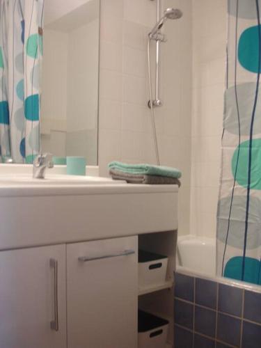 une salle de bain avec un lavabo et une douche avec un miroir dans l'établissement Hossegor Appartement T2 cabine - Superbe Vue Océan, à Soorts-Hossegor