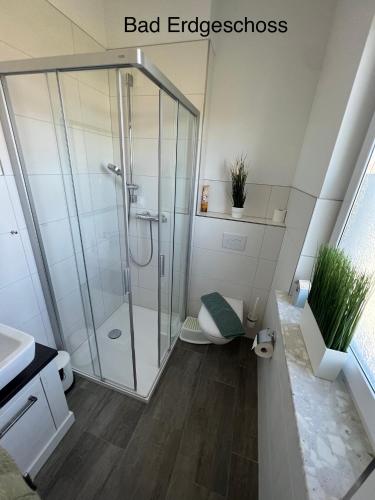 a bathroom with a shower with a toilet and a sink at Doppelhaushälfte mit Terrasse in Rostock