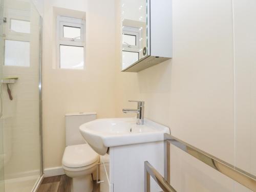 a bathroom with a sink and a toilet and a mirror at The Garden House Cottage in Whitstable