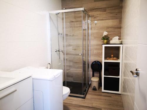 a bathroom with a glass shower and a toilet at Estrella de Mar in Tarajalejo