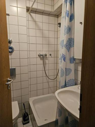 a small bathroom with a shower and a sink at Sehr süße Wohnung. Altstadt nah. in Nuremberg