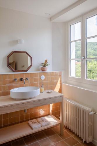 une salle de bain avec un lavabo et un miroir dans l'établissement Maison Gamboia, chambres d'hôtes au calme avec jardin, à Hasparren