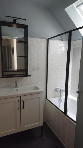 een badkamer met een wastafel, een spiegel en een bad bij Le Moulin De Branféré. in Le Guerno
