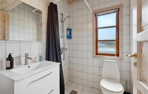 e bagno con servizi igienici, lavandino e doccia. di Gorgeous Home In Esbjerg V With House Sea View a Esbjerg