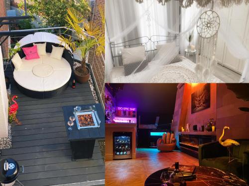 een kamer met uitzicht op een balkon bij LoCo Paradiso - Two kingsize beds, outdoor terrace, DJ booth, bar, cinema, bathtub, kitchen, airco in Antwerpen
