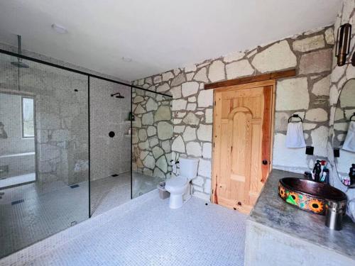 een badkamer met een douche, een toilet en een wastafel bij Finca Bermúdez - Casa Francisca in Huasca de Ocampo