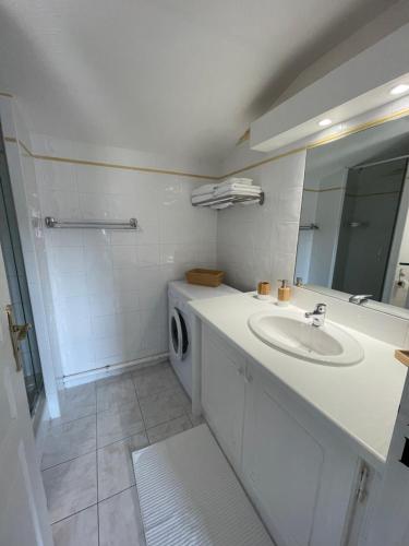 une salle de bain avec un lavabo et une machine à laver dans l'établissement Appartement avec piscine, à Grimaud