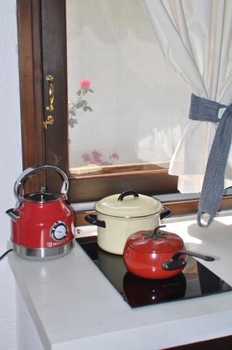 a stove with a tea kettle and two tomatoes on it at Mitzela Mare House in Amaliápoli