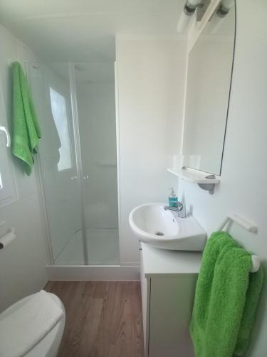 biała łazienka z prysznicem i umywalką w obiekcie Mobile Homes Seashell Jezera w mieście Jezera