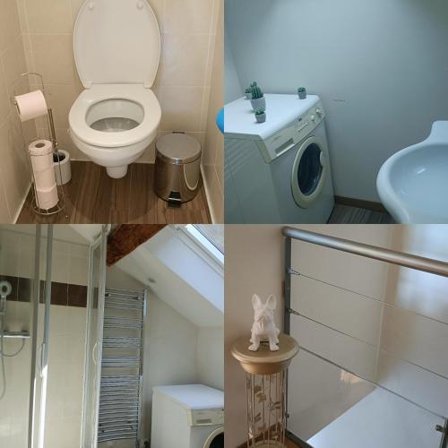 Quatre photos d'une salle de bains avec toilettes et lavabo dans l'établissement La Clair'fontaine, à Clairvaux