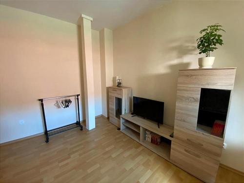 ein Wohnzimmer mit einem TV und einer Topfpflanze in der Unterkunft Pokoje W Pięknej Kamienicy W Centrum W Głogówku in Głogówek